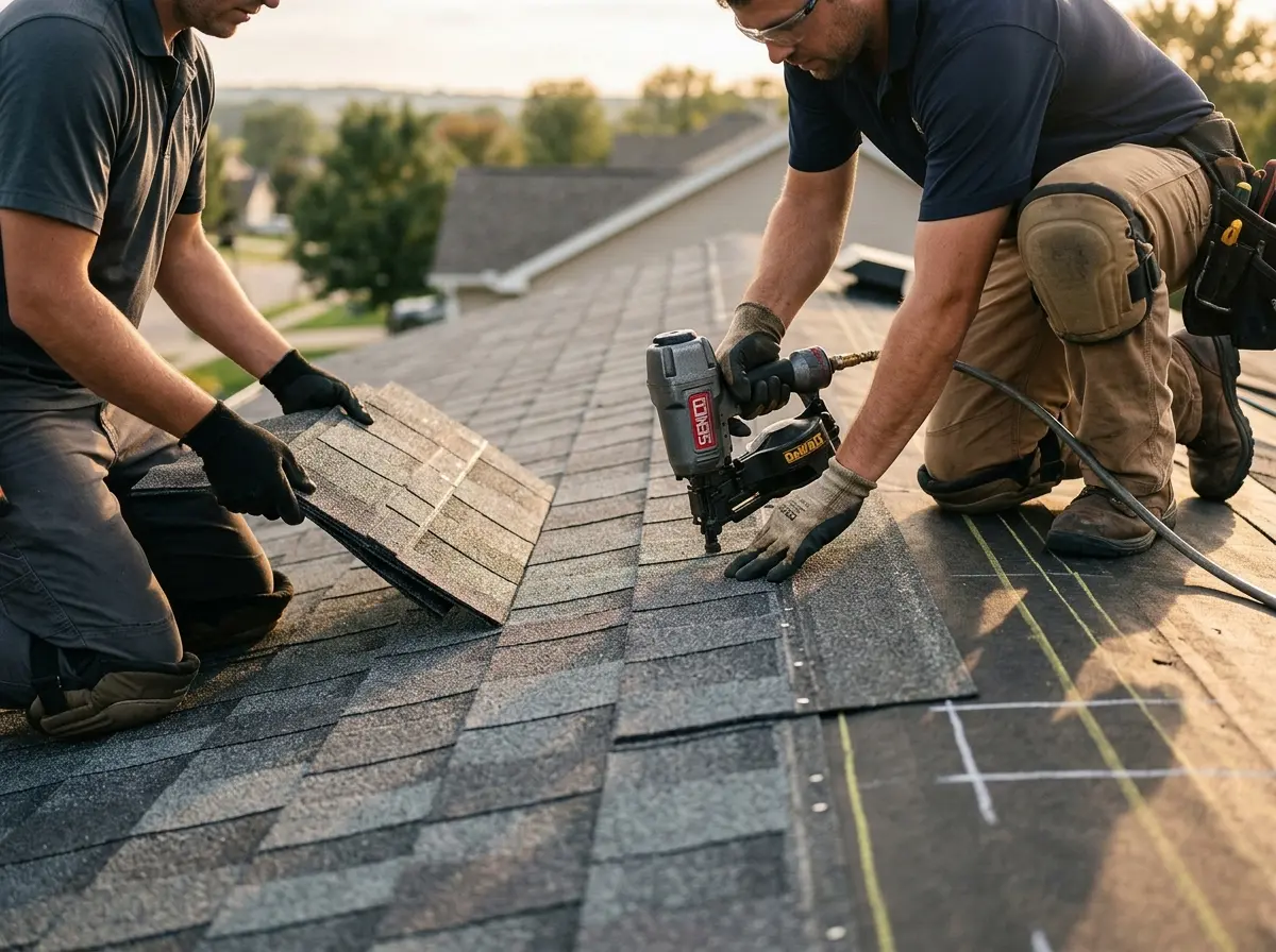 Professional roofer working on a residential roof in McCalla